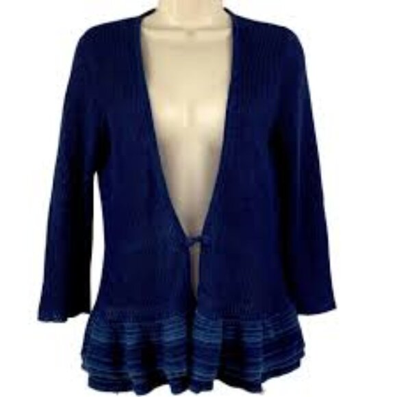 Lauren Ralph Lauren Womens Linen Cardigan Sweater Knit Ruffle Hem in Navy Blue - Picture 6 of 10